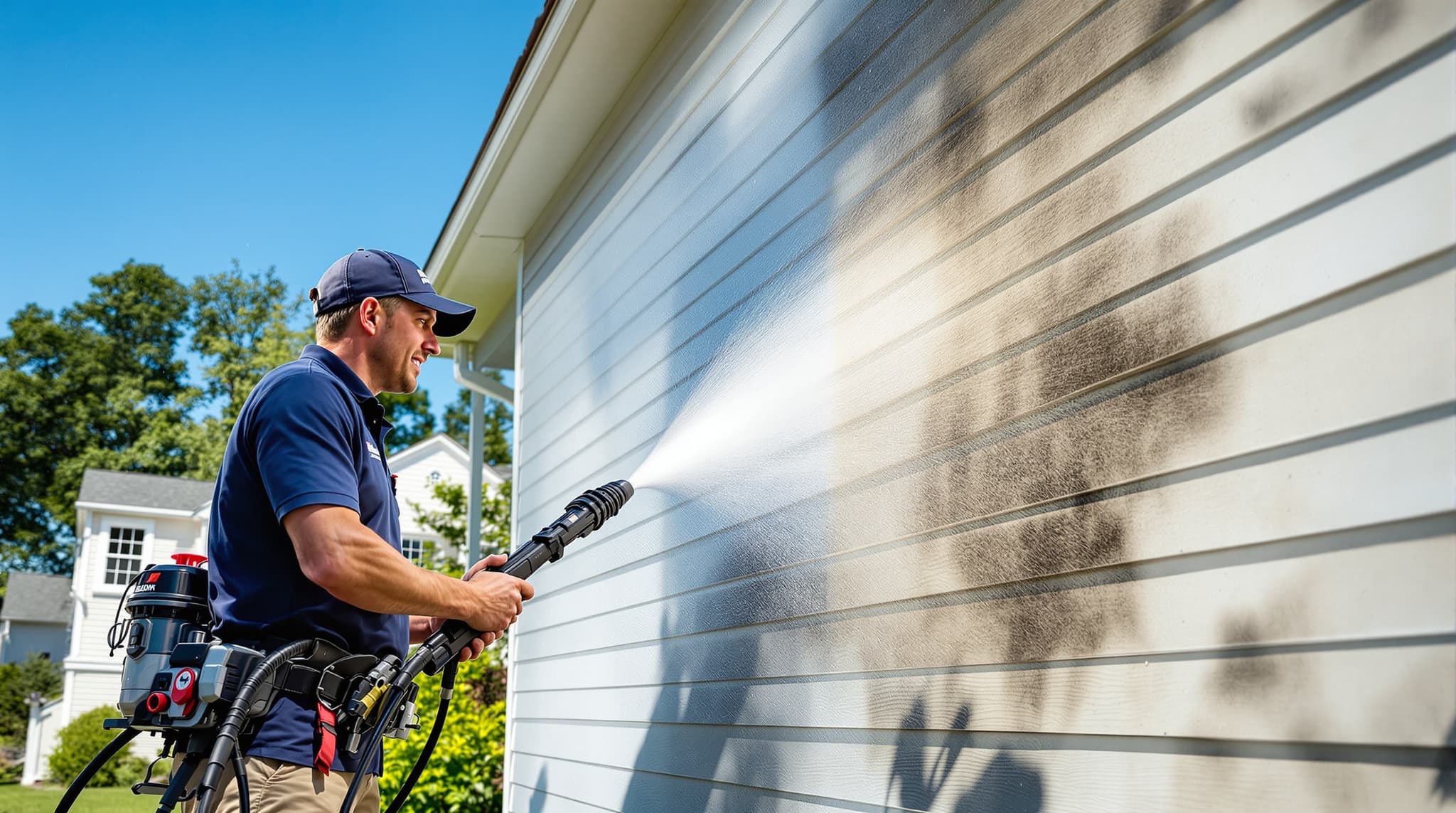 Pressure washing a Long Island home
