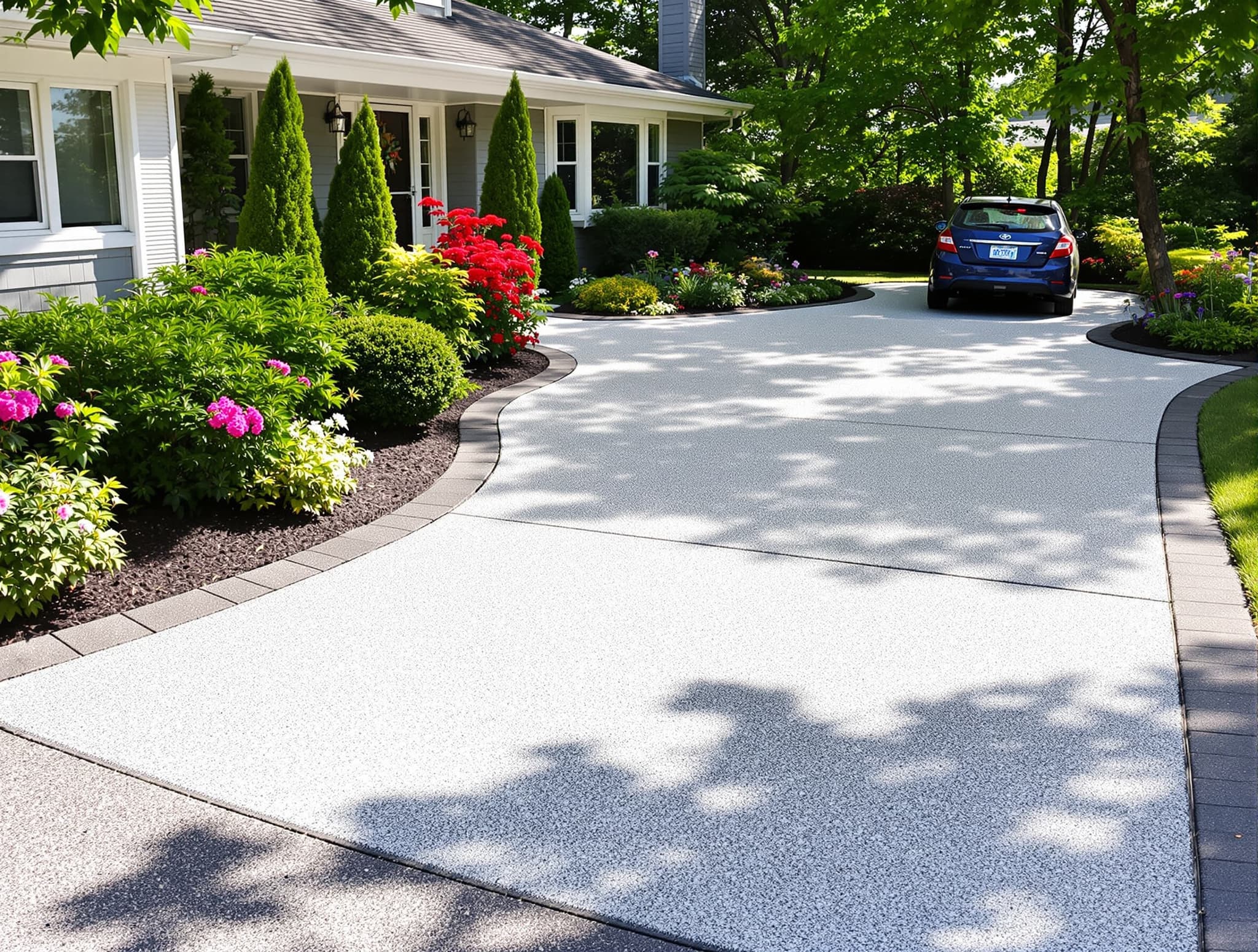 After pressure washing — Driveway + walkway — Levittown, 22 years of tire marks lifted